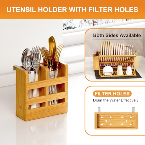Natural 3-Tier Bamboo Dish Drying Rack with Utensil Holder & Absorbent Mat - Collapsible Kitchen Organizer
