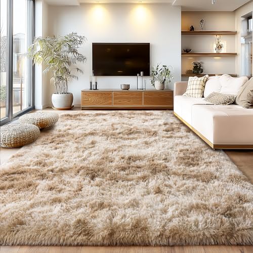 Tie Dye Camel 9x12Ft Large Shaggy Rug - Fuzzy Living Room Carpet, Non-Slip