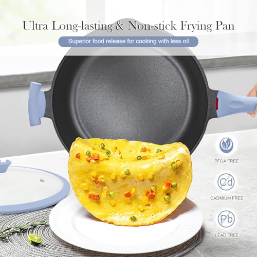 14 Inch Deep Frying Pan Skillet with Lid - Nonstick, Blue