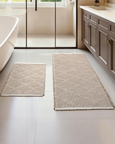 Furicher Waffle Bath Mat Set Brown & White, Non Slip 2-Piece Bathroom Rugs
