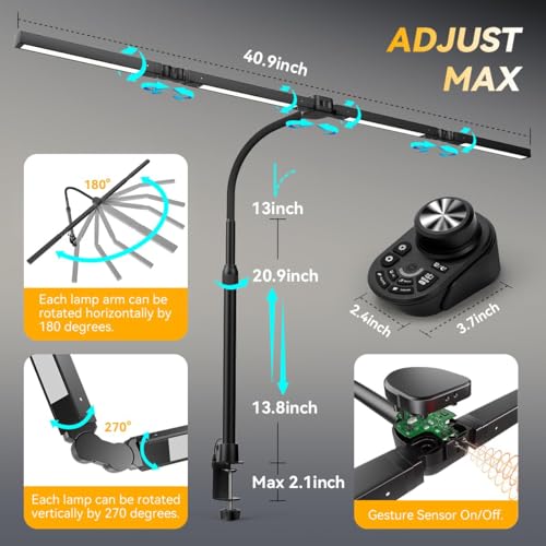 Black Adjustable LED Desk Lamp with Clamp & Remote, 4-Head Wide Light