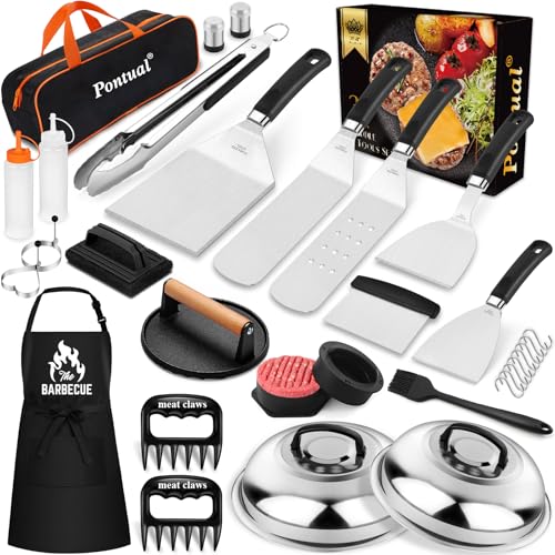 Pontual 31-Piece Griddle Accessories Kit for Blackstone Flat Top BBQ Spatula Set with Melting Domes, Burger Press & Apron