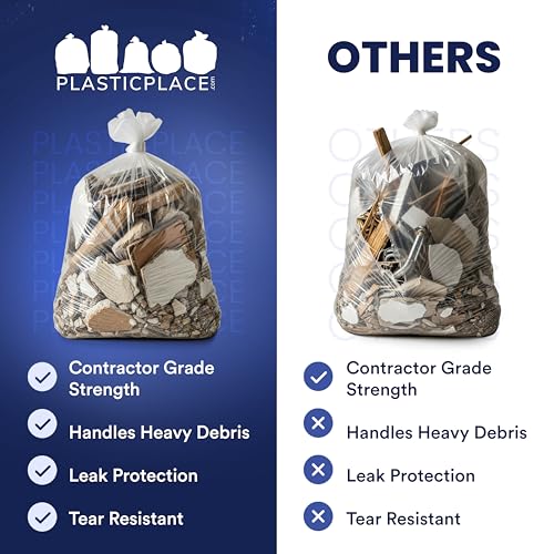 Heavy Duty 55-60 Gallon Trash Bags - Tear-Resistant Clear Garbage Liners, 50 Count - Contractor & Recycling Waste Bags, 3.0 Mil Thickness, Made in USA