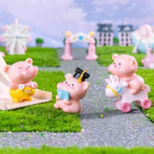 Pink Pig Figure Animal Toys Set Cake Topper, Micro Landscape Decor Fairy Garden Miniature Pig Figurines Collection Playset for Christmas Birthday Gift Desk Decorations(12pcs)