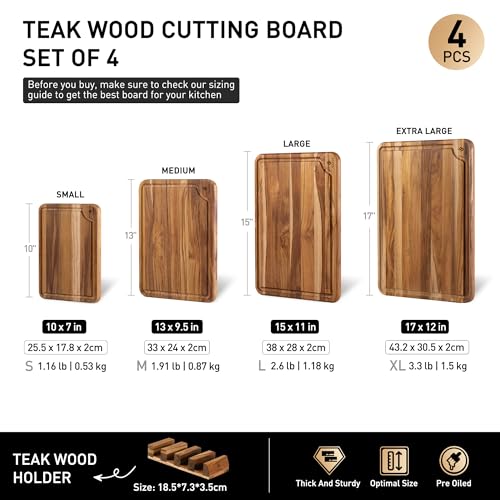 Multi-Size Teak Cutting Board Set - 4-Pack with Holder, Non-Slip Base