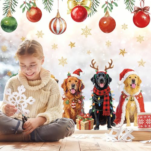 Christmas Window Clings Xmas Puppy Theme Reusable Window Decals for Holiday Home School Office Glass Decor, 2 Sheets