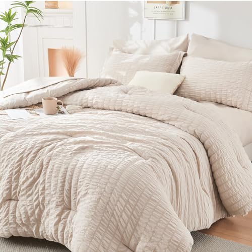 Queen Comforter Set - 7-Piece Seersucker Bedding in Beige, 88x88 Inches - Bed in a Bag with Deep Pocket Fitted Sheet