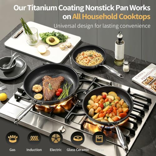 Stainless Steel Nonstick Frying Pan Set 8, 10 & 12 Inches - Titanium Coating