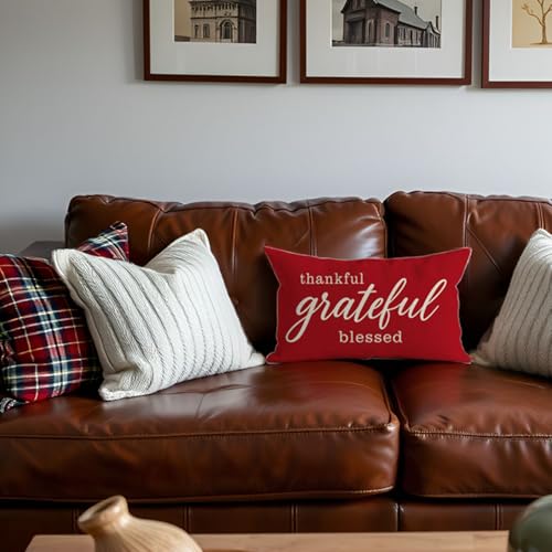 PANDICORN 12x20 Crimson Red Decorative Throw Pillow Cover - Thankful Farmhouse Style