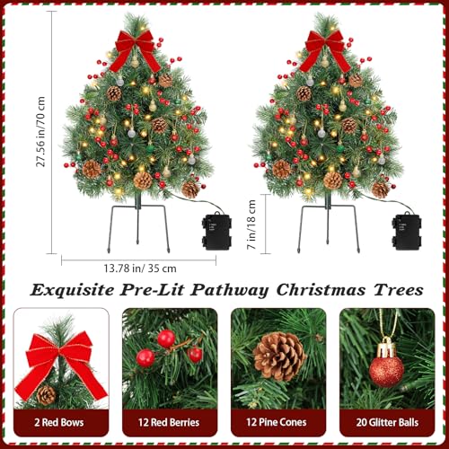 Lewondr Emerald Prelit Pathway Christmas Trees Set of 2, 27.56inch Outdoor Decor with LED Lights