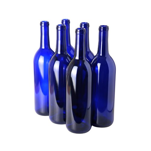 FastRack 750 ml Blue Wine Bottles (Pack of 6), Bordeaux/Flint Flat-Bottomed Glass Bottles Ideal for Wine Making and Storage - NO CORKS INCLUDED