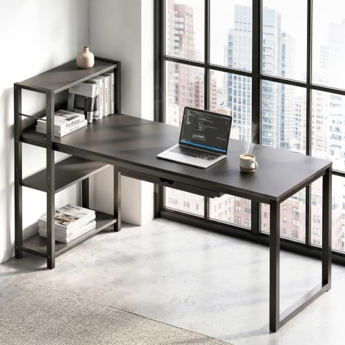 46-Inch Home Office Computer Desk with Drawer & Side Shelf, Black