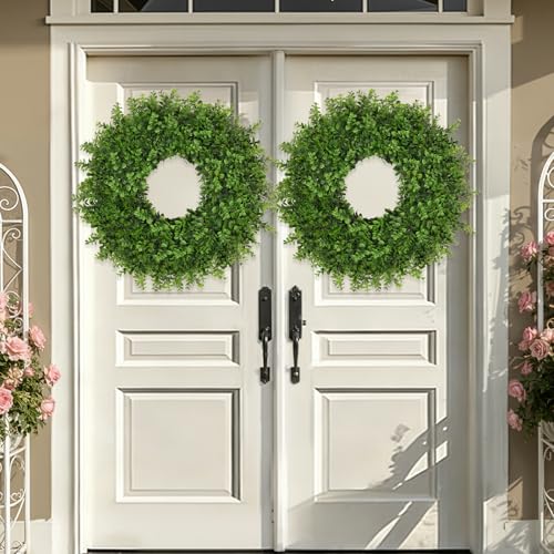 JDKPK 26 Inch Green Boxwoods Wreath for Front Door - Artificial Outdoor & Indoor Greenery, Farmhouse Decor