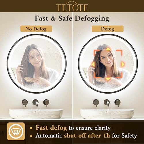 24-Inch Matte Black Round LED Bathroom Mirror with Backlit & Dimmable Lights