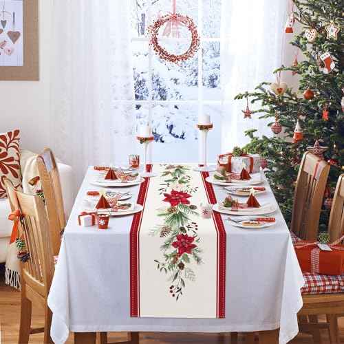 Bonhause Christmas Poinsettia Table Runner 13x72 Inch Red Floral Pine Branch Seasonal Winter Holiday Kitchen Dining Table Decoration for Indoor Outdoor Home Party Decor