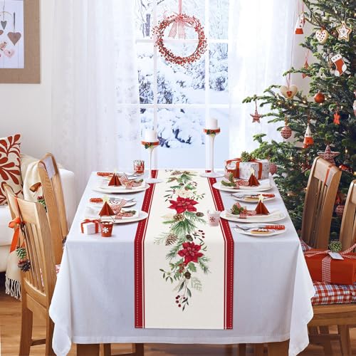 Bonhause Christmas Poinsettia Table Runner 13x72 Inch Red Floral Pine