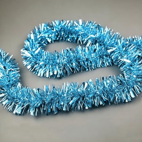 Light Blue 33ft Christmas Tinsel Garland - Shiny Metallic Twist Decor for Indoor/Outdoor