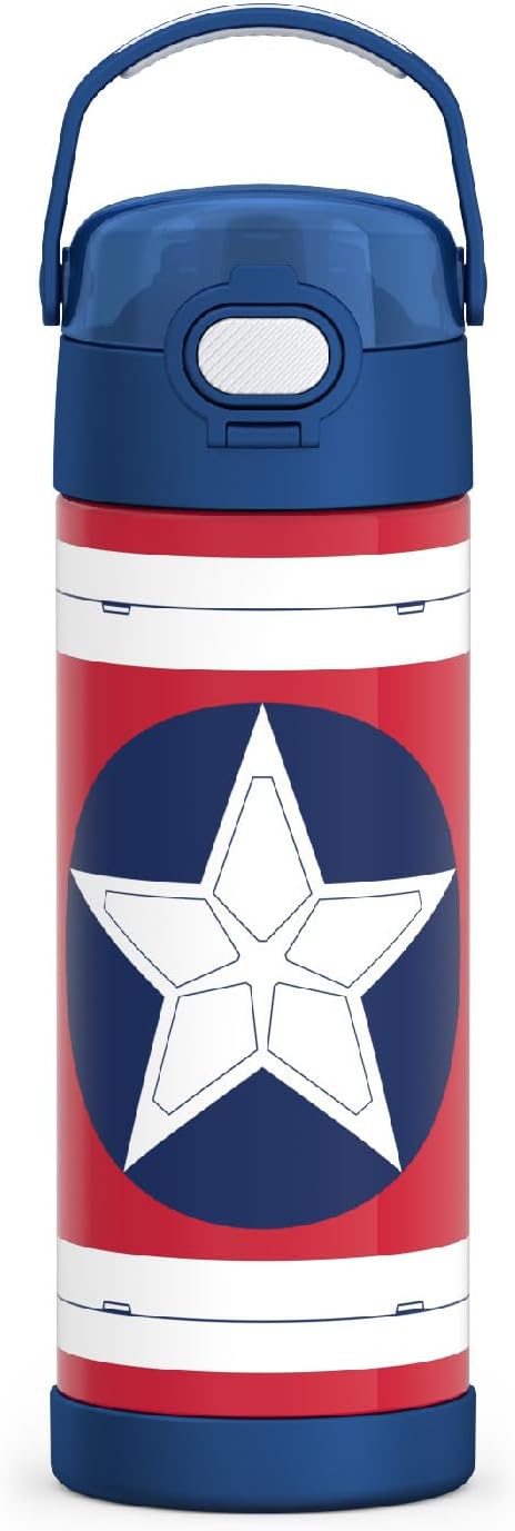 THERMOS FUNTAINER 16 Ounce Stainless Steel Vacuum Insulated Bottle - Wide Spout Lid, Captain America Design