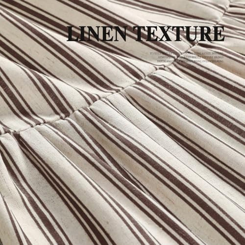 Farmhouse Shower Curtain with Ruffle Hem - Linen Look Cream-Brown Stripe 72x84 Inches - Variation of Cream-Brown Stripe / 72W x 84L