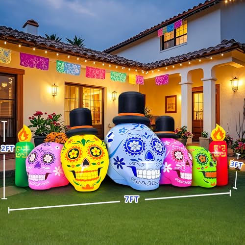 7FT Halloween Inflatable Skull Decoration with LEDs - Dia de Los Muertos Yard Decor