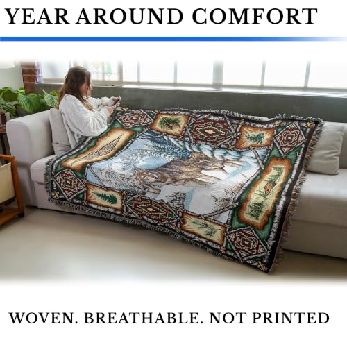 72x54 Wolf Lodge Blanket - Cotton Woven Tapestry Throw - Made in USA
