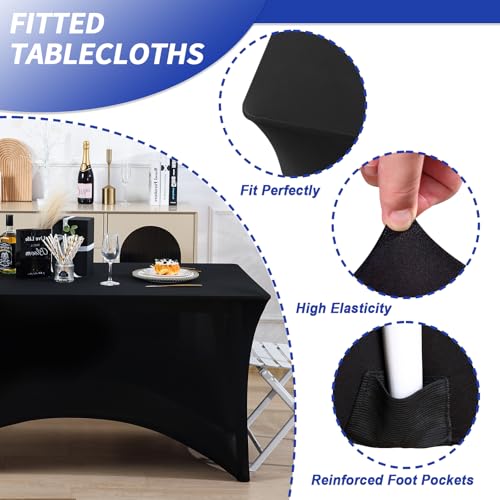 Fixwal Black 8ft Fitted Spandex Table Cover 3 Pack for Rectangle Tables