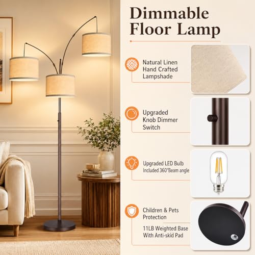Nintiue Dimmable Arc Floor Lamp with Beige Linen Shades - Brown, 3 Lights, Tall Modern Standing Lamp for Living Room & Bedroom