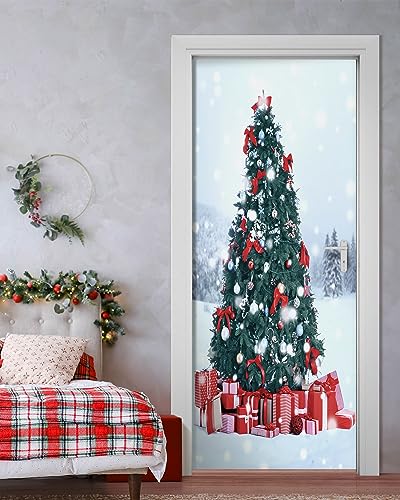 FLFK Peel and Stick Christmas Door Mural 32x80 Mt293 - Festive Snowy Landscape with Tree & Presents