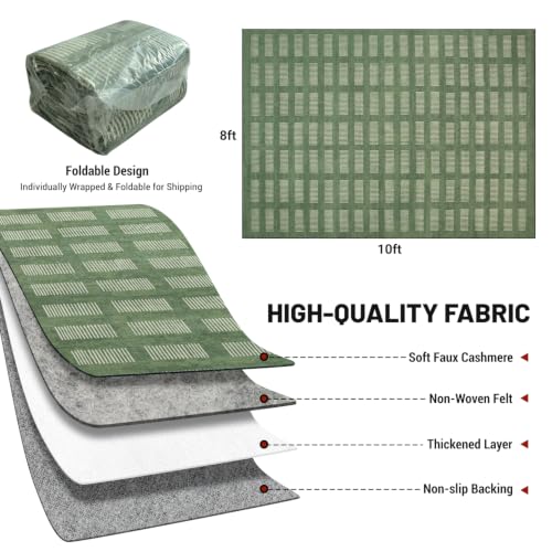 Sage Green 8x10 Washable Area Rug - Soft Faux Wool Retro Carpet with Non-Slip Backing