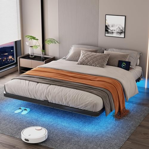 Queen Size Floating Bed Frame with RGB LED Lights & Charging Station - Modern Metal Platform Bed, No Box Spring Needed, Easy Assembly