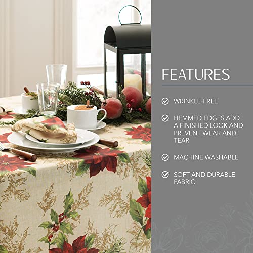 Festive Poinsettia Rectangle Holiday Tablecloth 84x60 in, Multicolor