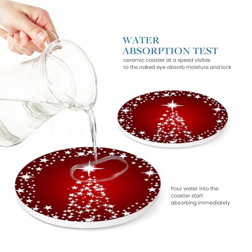 Christmas Tree Sparkling Stars Coasters Set of 6 with Metal Holder, Absorbent Ceramic Holiday Drink Coasters