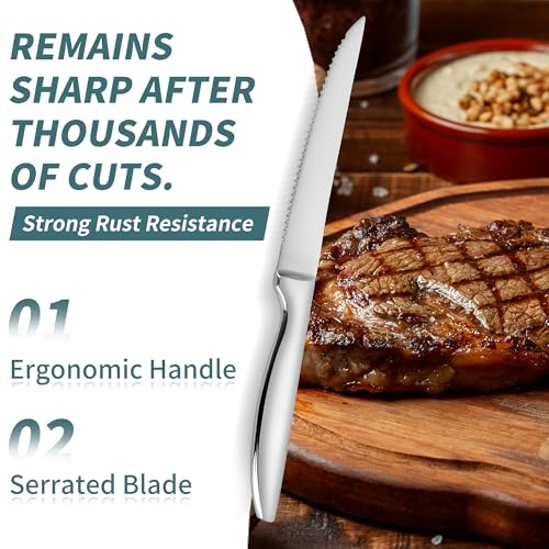 8-Piece Serrated Steak Knives Set - Stainless Steel Kitchen Cutlery, Silver Variation