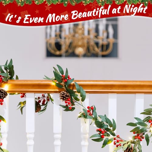 Willow Leaf 6ft Pre-lit Christmas Garland with Lights, 4 Pack with Red Berries & Pine Cones (Indoor/Outdoor) - tiuire