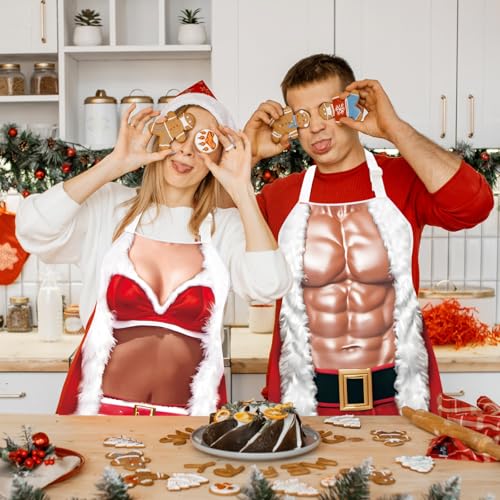 Hillban 2Pack Funny Christmas Theme Aprons for Women & Men
