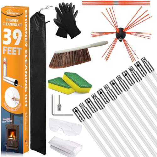 39 Feet Chimney Sweep Kit with 12 Flexible Nylon Rods & Brush - Fireplace & Dryer Vent Cleaning