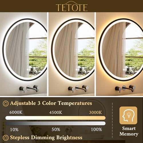 24-Inch Matte Black Round LED Bathroom Mirror with Backlit & Dimmable Lights