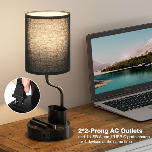 Fenmzee Bedside Lamps Set of 2 - Black Nightstand Lamps with USB & Outlets