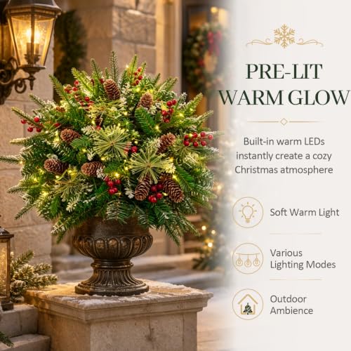 NatuBeau 24-Inch Pre-lit Outdoor Christmas Urn Filler, Green, 2 Pack