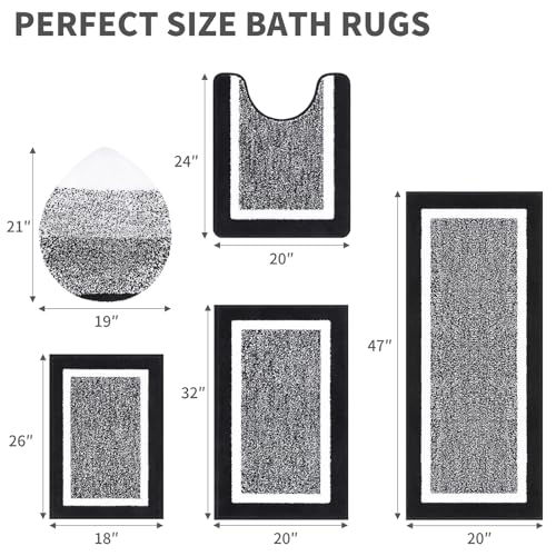 Pauwer 5-Piece Bathroom Rugs Set with U-Shape Toilet Mat & Lid Cover, Non-Slip Microfiber, Black, 18x26/20x32/20x47 inches