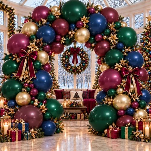 Aurovia Double Stuffed Dark Green, Red, Blue & Gold Balloon Arch Kit for Christmas, New Year & Parties (Variation: Red Blue Green Gold)