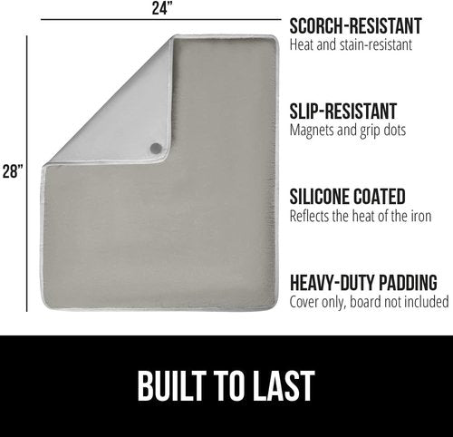 GORILLA GRIP The Original Ironing Board Cover and Pad, Silicone Coating, 400°F Scorch Resistant Thick Padding, Heavy Duty Iron Covers Standard Boards, Hook and Loop Fastener Strap, Silver 28x24