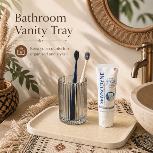 Travertine Vanity Tray - Beige Rectangular Stone Organizer for Jewelry & Bathroom Counter