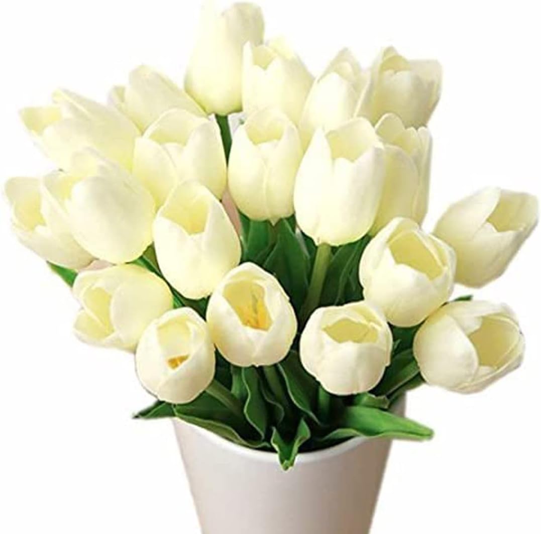 Real Touch Mini PU Tulips Bouquet - Premium Artificial Flowers for Wedding, Home & Event Decor (Set of 30, Cream White)