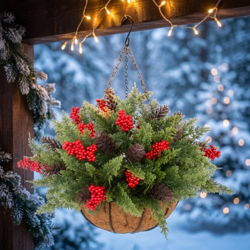 Daynight Artificial Christmas Cedar Pine Hanging Baskets Set with Red Berries & Pinecones - Outdoor Holiday Decor
