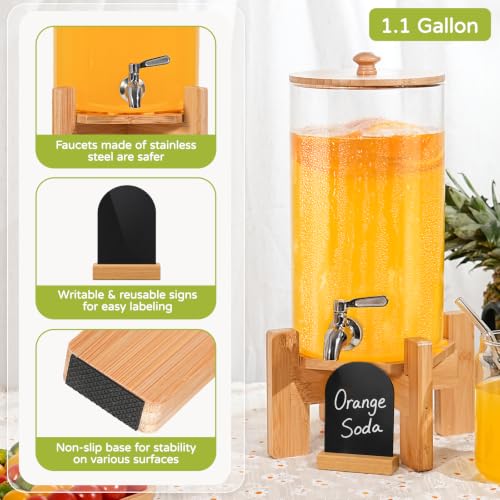 Yellow 1.1 Gallon Glass Drink Dispenser with Wood Stand - Party Beverage Dispenser