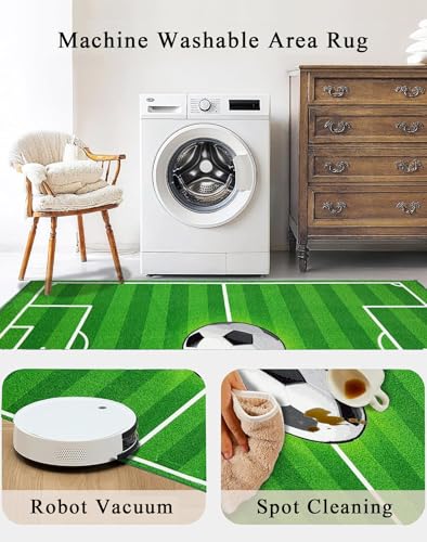 Soccer Field Rug 5x7 ft - Non-Slip Boys Bedroom Decor, Washable Kids Playroom Mat