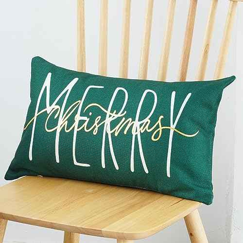 ONWAY Christmas Pillow Cover 12x20 Inch Merry Christmas Gold Green Decorative Throw Pillows Farmhouse Winter Holiday Decor Cushion Case for Sofa Couch Home Decorations