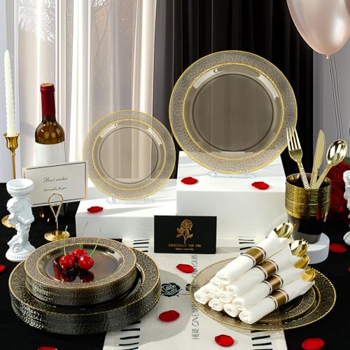 Black Disposable Plastic Plates Set for 50 Guests - 350PCS Premium Dinnerware