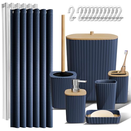 Clara Clark Navy Blue Bathroom Accessory Set with Shower Curtain — Complete Bathroom Decor